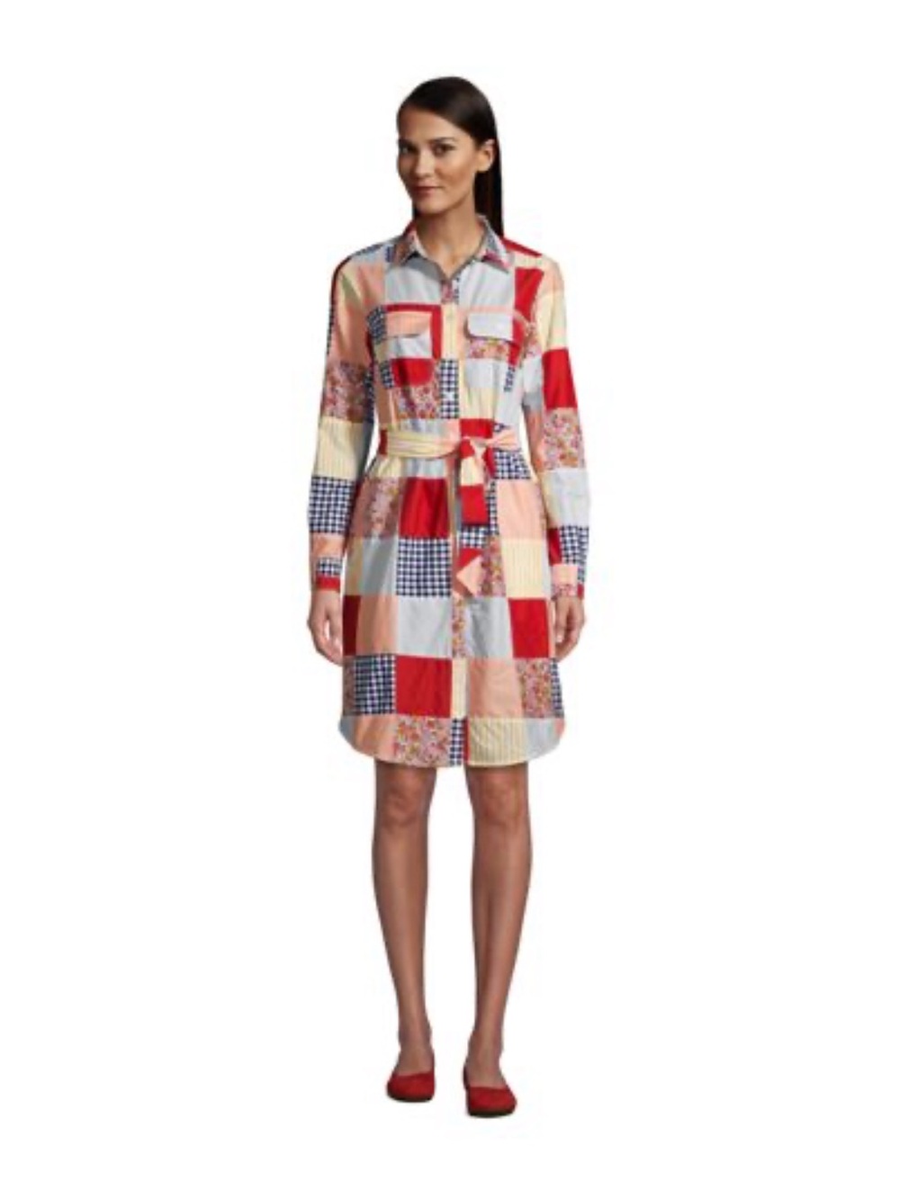 Lands End Women's Cotton Poplin Button Front Patchwork Shirt Dress, Medium NWOT